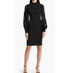 Eliza J Long Sleeve Black Sweater Dress, Rhinestone Bow Sleeves, Holiday, Medium